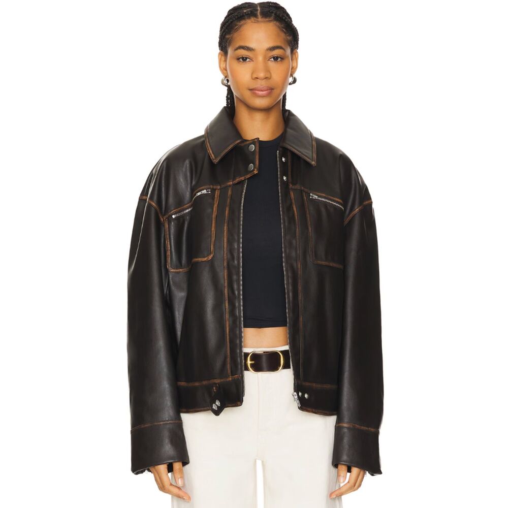 Lovers and Friends Brinley Faux Leather Jacket Brown Distressed Large Revolve